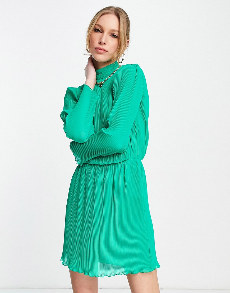 ASOS DESIGN high neck chiffon plisse mini dress-Green