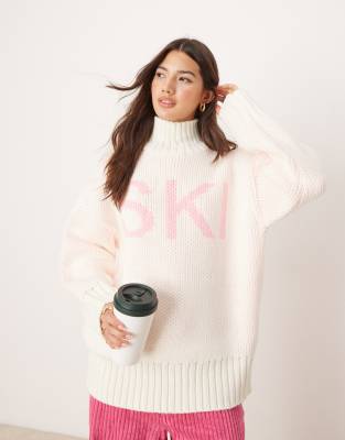 Asos Design High Neck Chunky Sweater With Ski Slogan In Cream-white