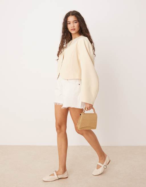 ASOS DESIGN high neck cocoon sleeve blazer with gold starfish buttons in buttermilk, 2 of 4