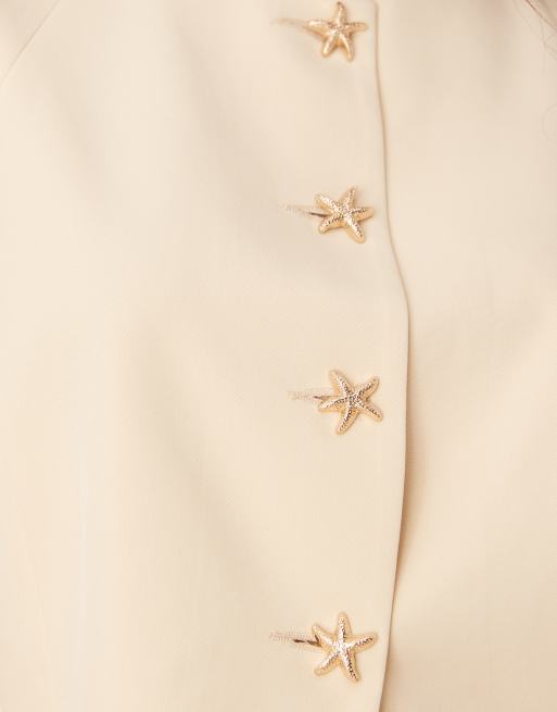 ASOS DESIGN high neck cocoon sleeve blazer with gold starfish buttons in buttermilk, 3 of 4