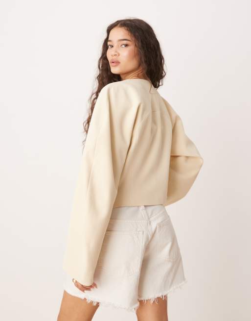 ASOS DESIGN high neck cocoon sleeve blazer with gold starfish buttons in buttermilk, 4 of 4