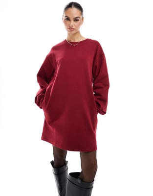 high neck cocoon sleeve mini sweatshirt dress in burgundy-Red