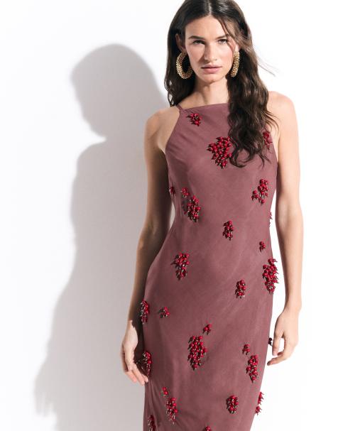 ASOS DESIGN high neck column embellished maxi dress in brown - view 1