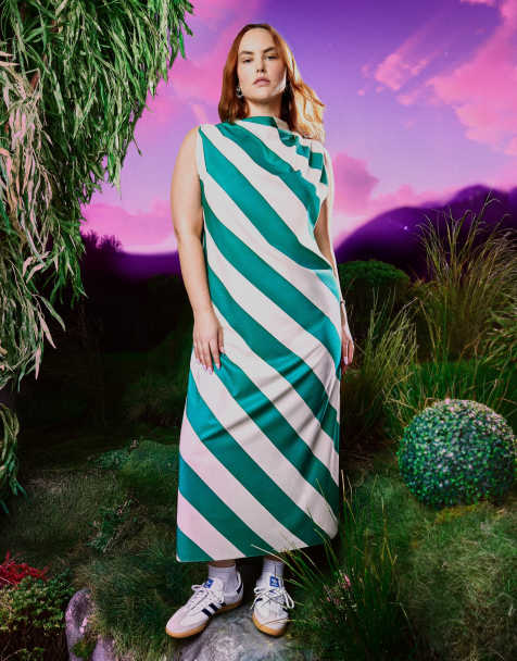 ASOS DESIGN high neck column maxi dress in green stripe - view 1