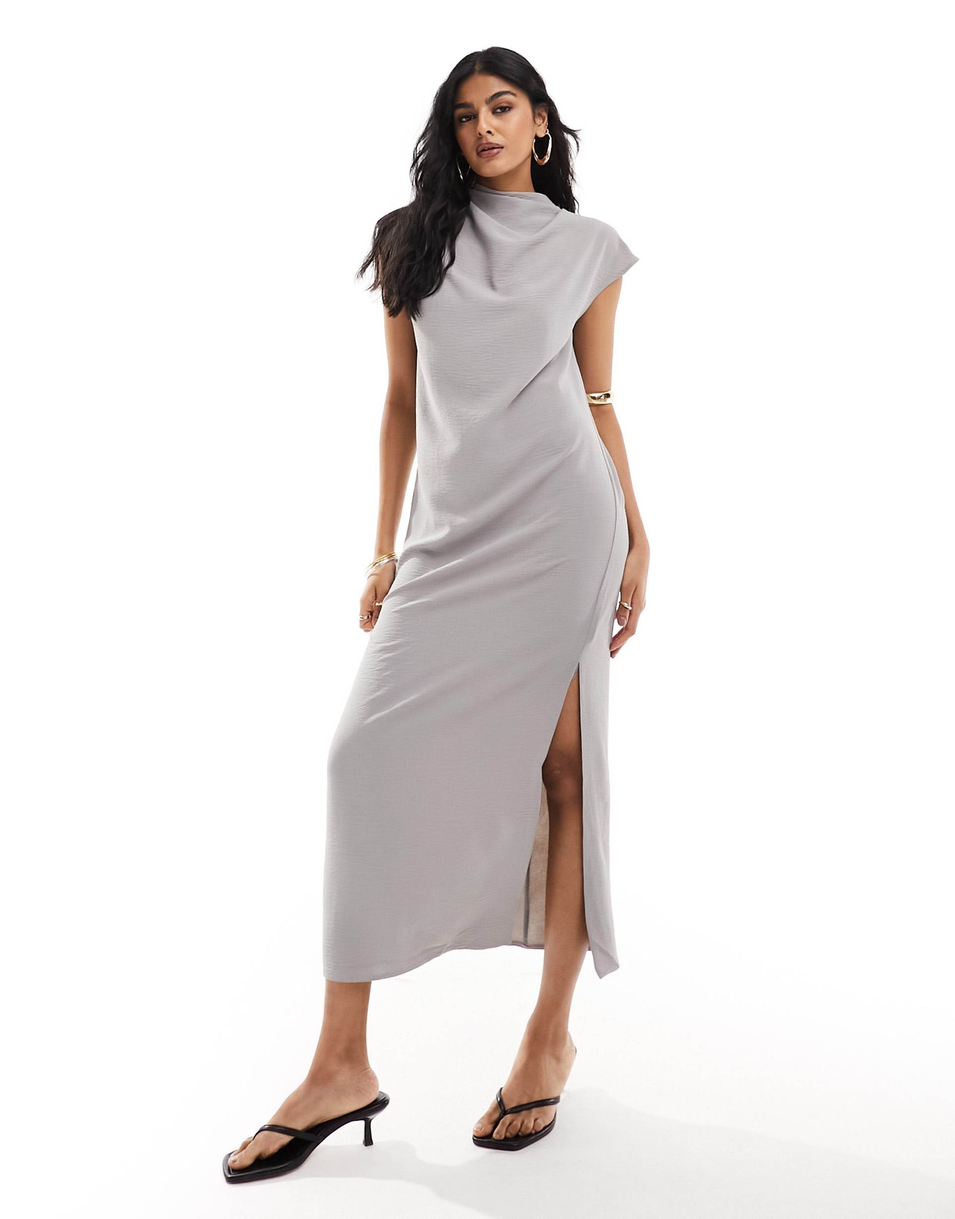 asos design high neck column maxi dress in stone