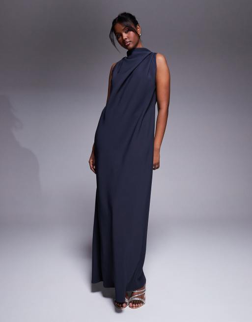 ASOS DESIGN high neck column maxi dress with open back in blue 