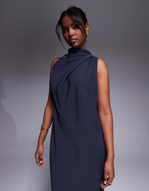 ASOS DESIGN high neck column maxi dress with open back in blue 