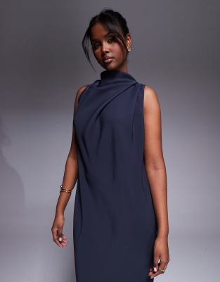 ASOS DESIGN high neck column maxi dress with open back in blue 