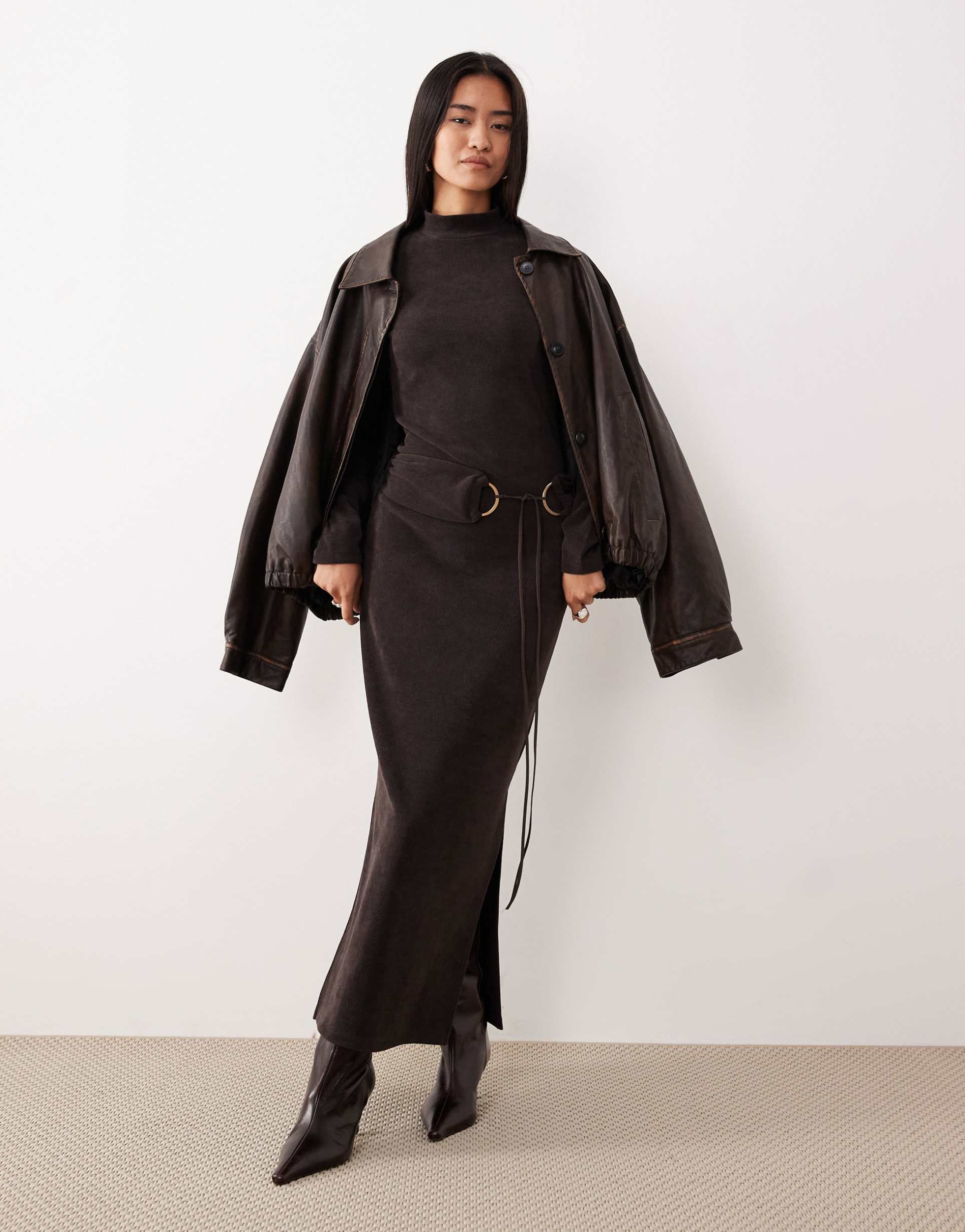 asos design high neck cord midi dress with hardware in chocolate