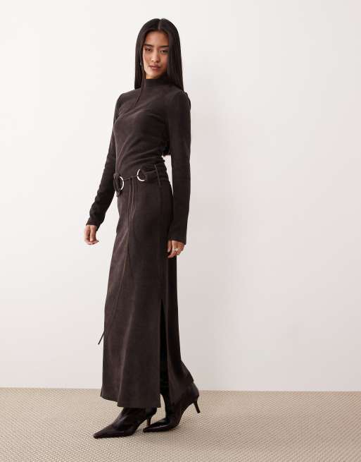 ASOS DESIGN high neck cord midi dress with hardware in chocolate