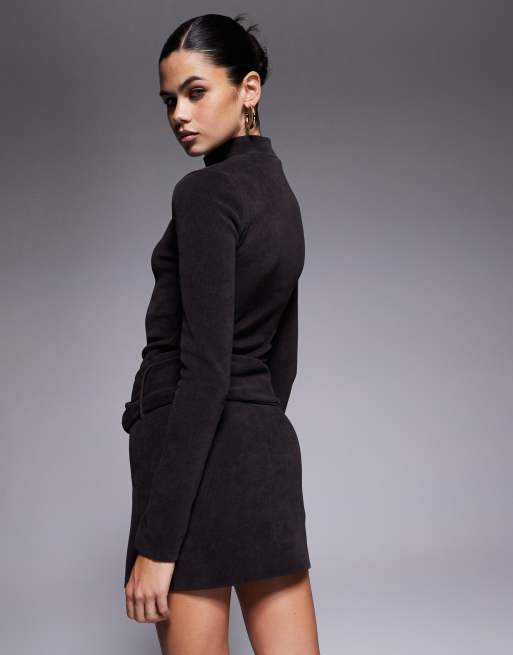 ASOS DESIGN high neck cord mini dress with hardware in chocolate