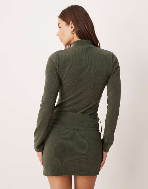 ASOS DESIGN high neck corduroy mini dress with hardware in khaki green