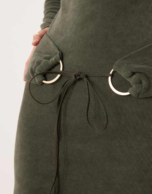 ASOS DESIGN high neck corduroy mini dress with hardware in khaki green