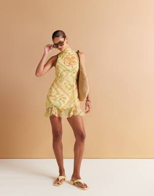 Asos Design High Neck Cowl Back Chiffon Mini Dress In Yellow