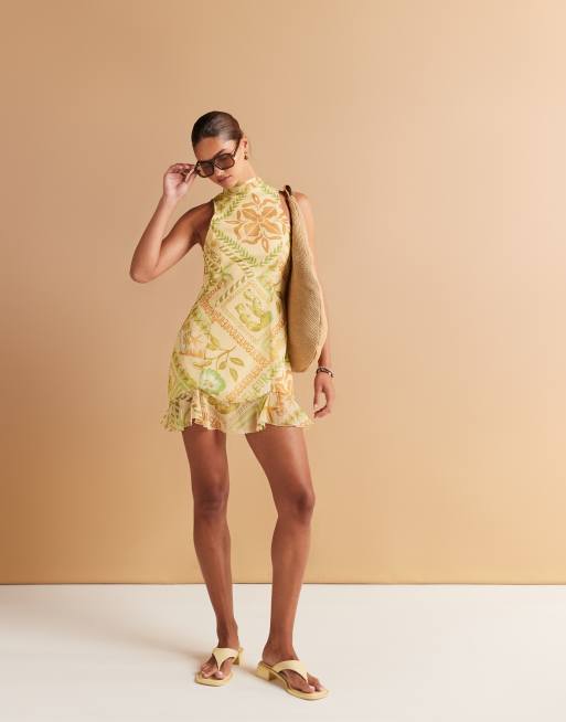 ASOS DESIGN high neck cowl back chiffon mini dress in tropical print