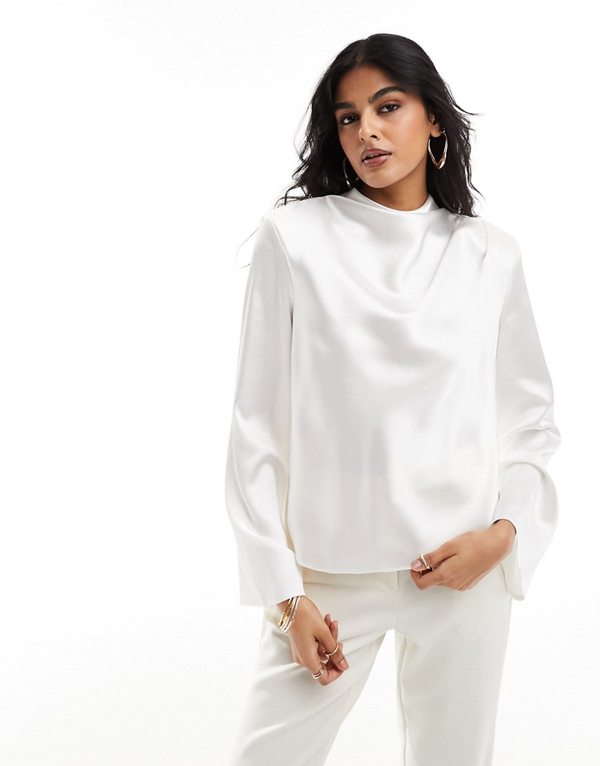 ASOS DESIGN high neck cowl long sleeve top in ivory-White