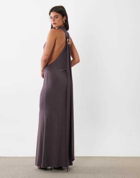 ASOS DESIGN high neck cowl maxi dress with hardware detail and sash in slate - view 1