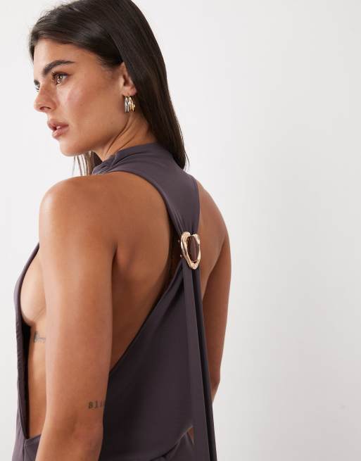 ASOS DESIGN high neck cowl maxi dress with hardware detail and sash in slate, 3 of 4
