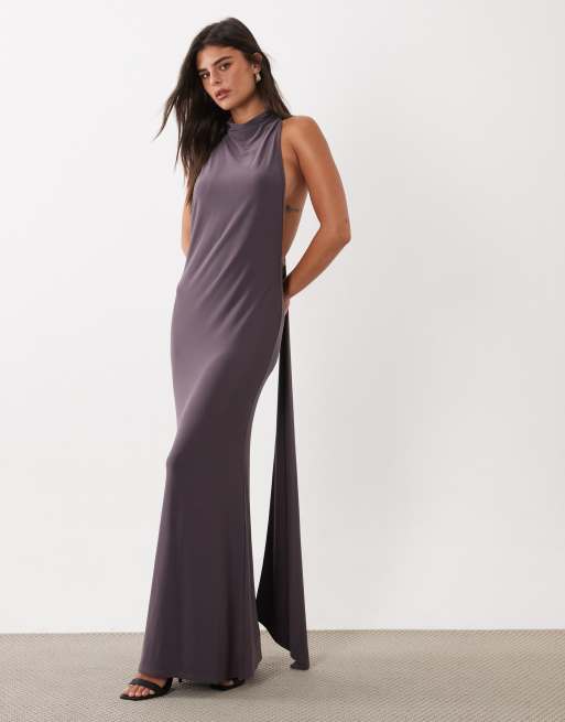 ASOS DESIGN high neck cowl maxi dress with hardware detail and sash in slate, 4 of 4