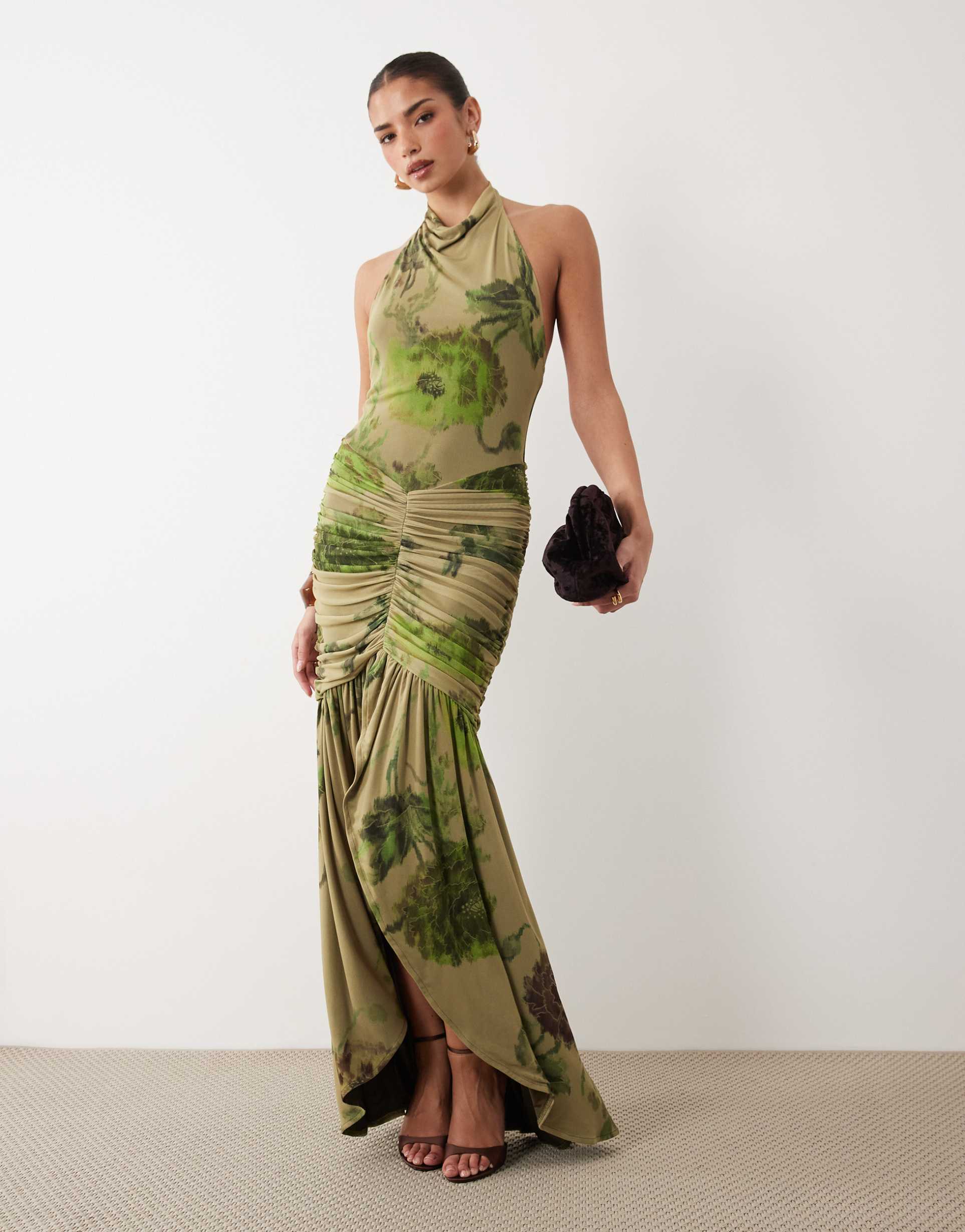 asos design high neck cowl mesh floral maxi dress with frill slit detail in green