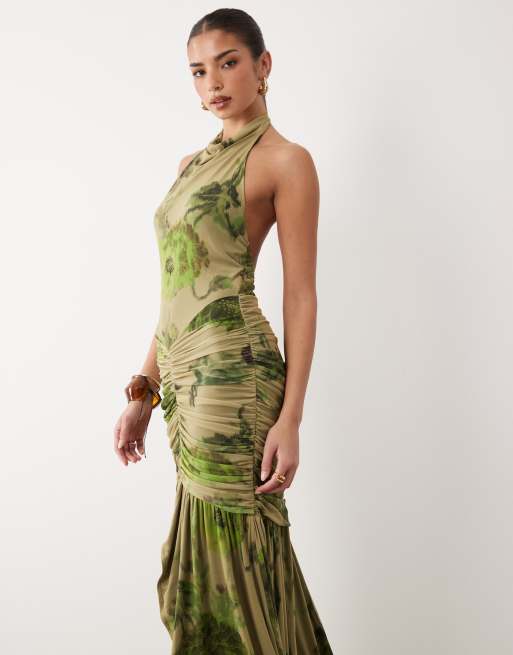ASOS DESIGN high neck cowl mesh floral maxi dress with frill split detail in green, 2 of 4