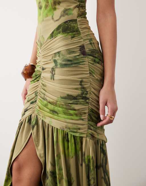 ASOS DESIGN high neck cowl mesh floral maxi dress with frill split detail in green, 3 of 4