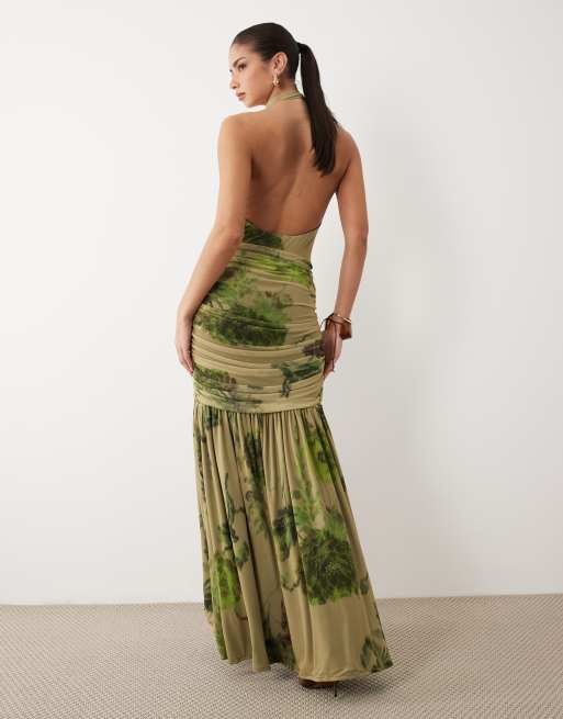 ASOS DESIGN high neck cowl mesh floral maxi dress with frill split detail in green, 4 of 4