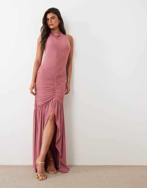 ASOS DESIGN high neck cowl mesh maxi dress with frill split detail in pink - view 1