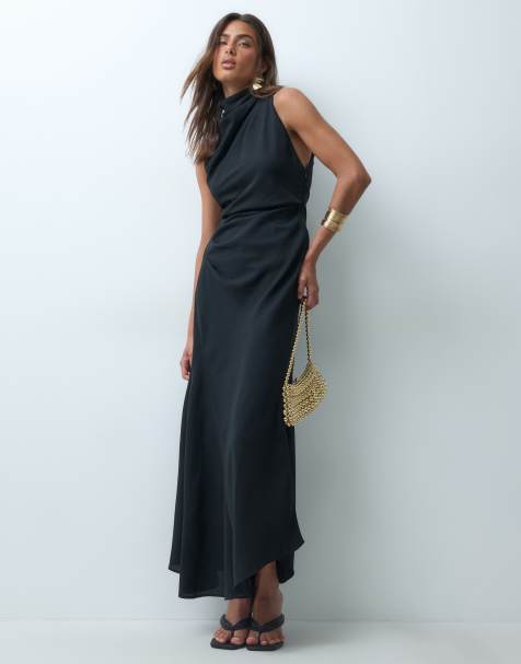 ASOS DESIGN high neck crepe full skirt midaxi dress in black - view 1
