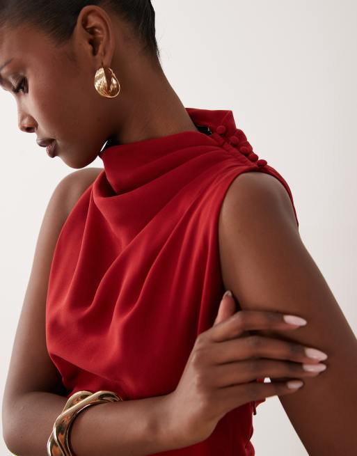 ASOS DESIGN high neck crepe full skirt midaxi dress in red, 2 of 4