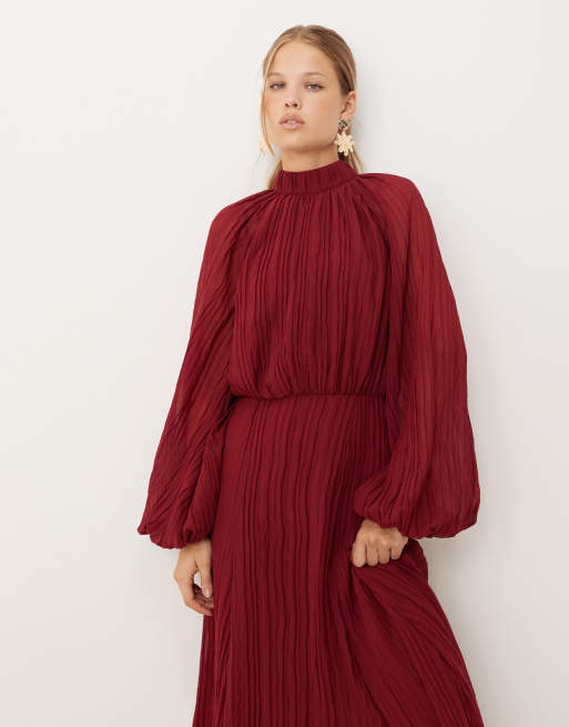 ASOS DESIGN high neck crinkle maxi dress with blouson sleeve in deep berry, 2 of 4