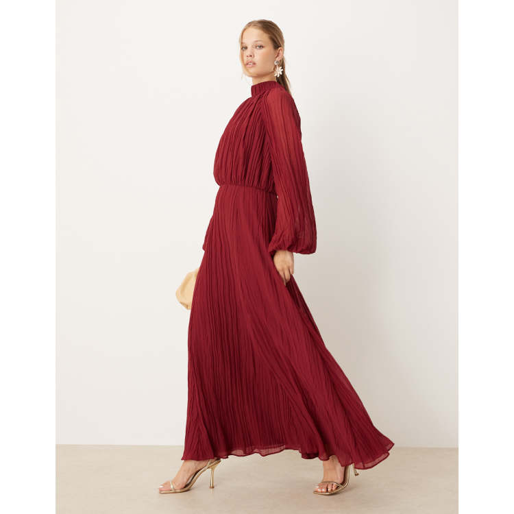 ASOS DESIGN high neck crinkle maxi dress with blouson sleeves in deep berry  | ASOS