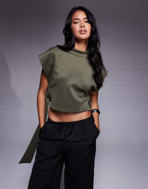 ASOS DESIGN high neck crop top with tab side ties in green - view 1