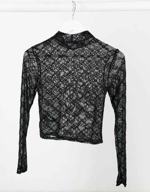 ASOS DESIGN long sleeve high neck top in glitter mesh in black