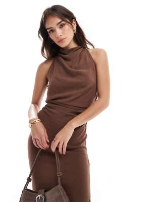 Asos Design High Neck Cross Back Column Midi Dress In Chocolate-brown