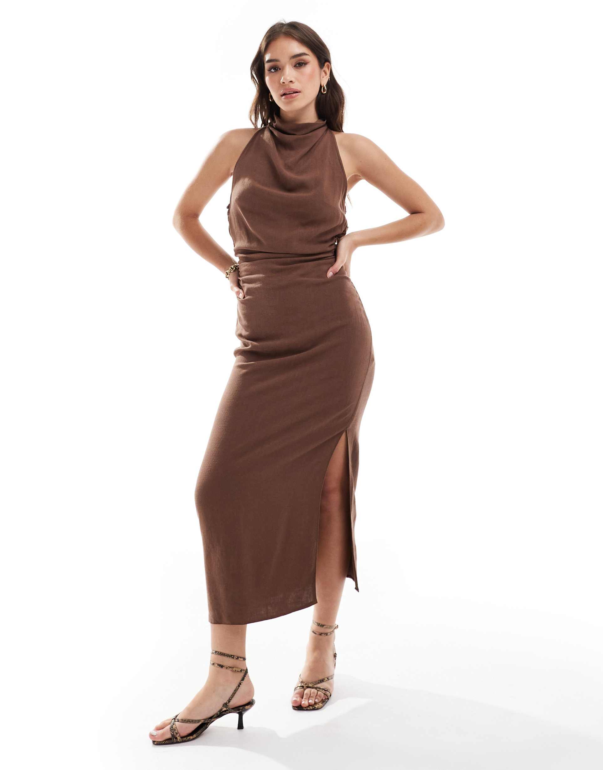 asos design high neck cross back column midi dress in chocolate