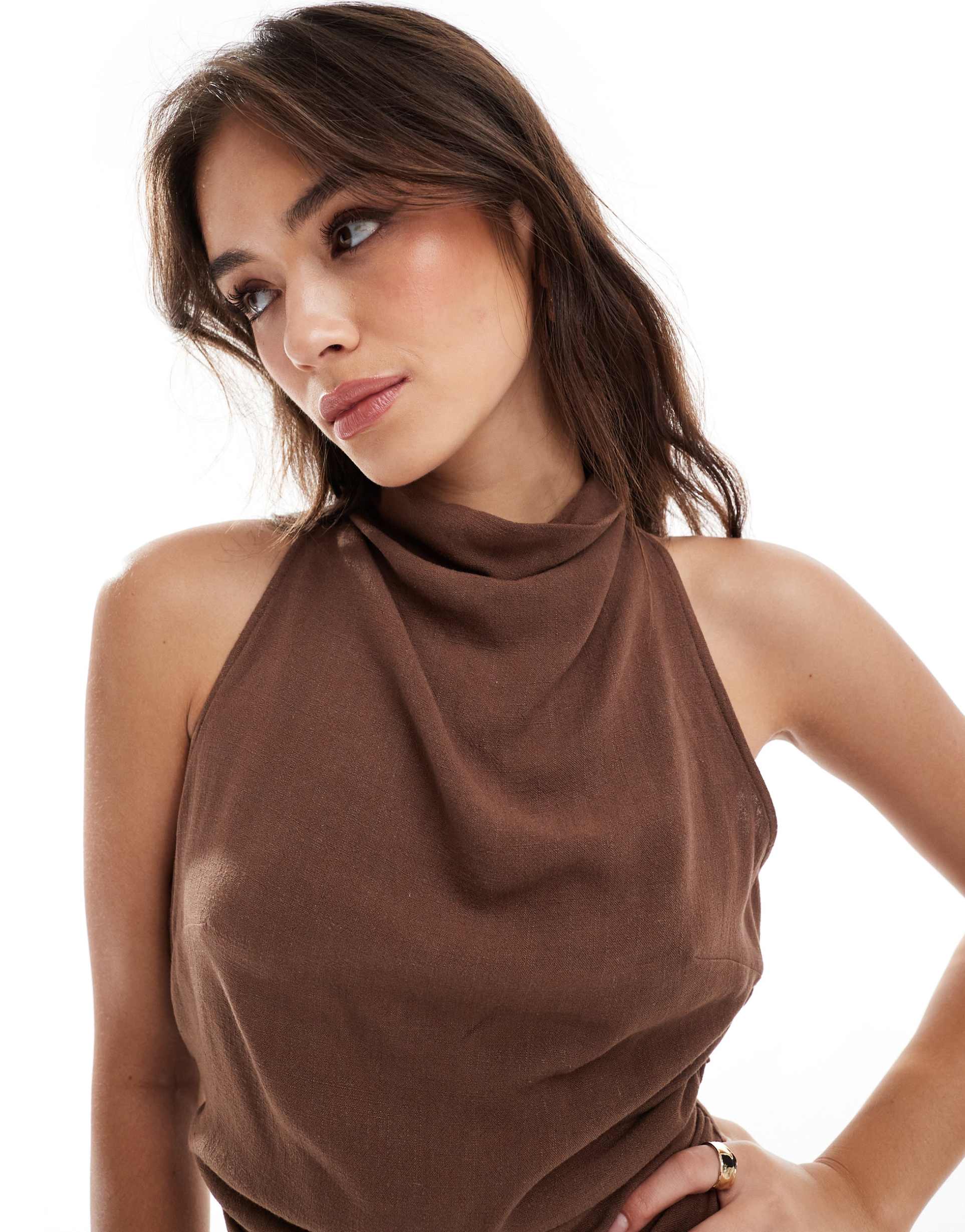 asos design high neck cross back column midi dress in chocolate