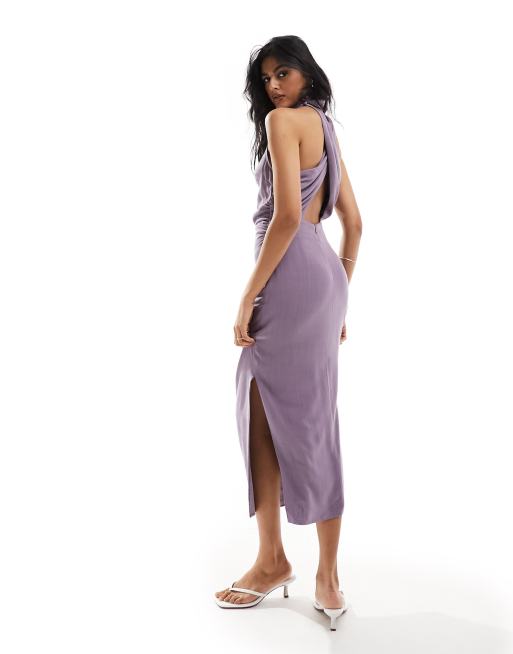 ASOS DESIGN high neck cross back column midi dress in purple