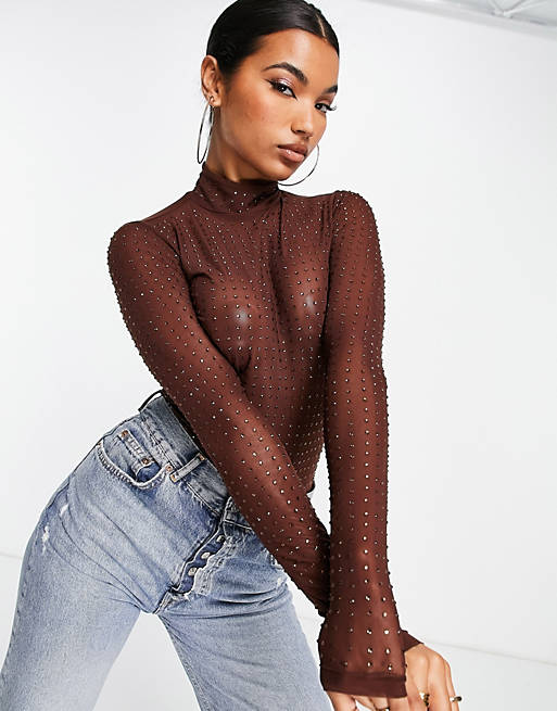 Women high neck crystal stud mesh bodysuit in brown 