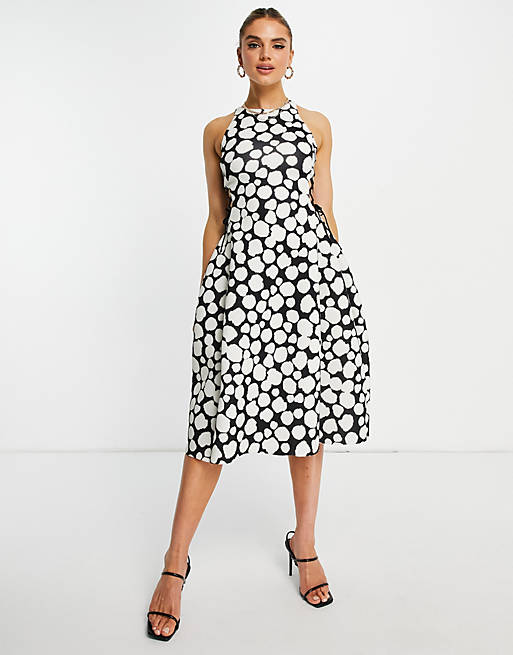 ASOS DESIGN high neck cut out lace up side midi skater dress in geo print