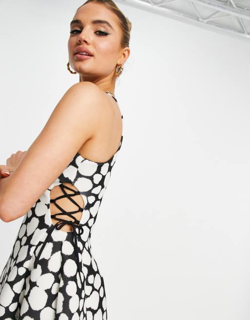 ASOS DESIGN high neck cut out lace up side midi skater dress in geo print |  ASOS