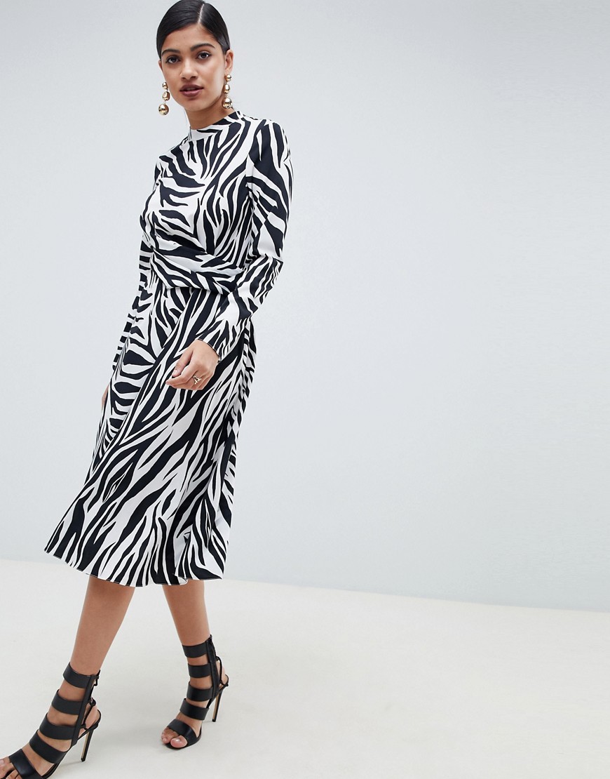ASOS DESIGN high neck cut out midi dress in zebra print with long sleeves-Multi