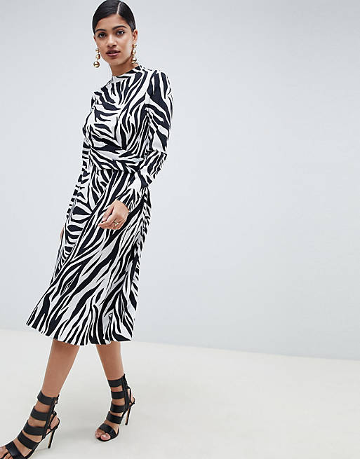 ASOS DESIGN high neck cut out midi dress in zebra print with long ...
