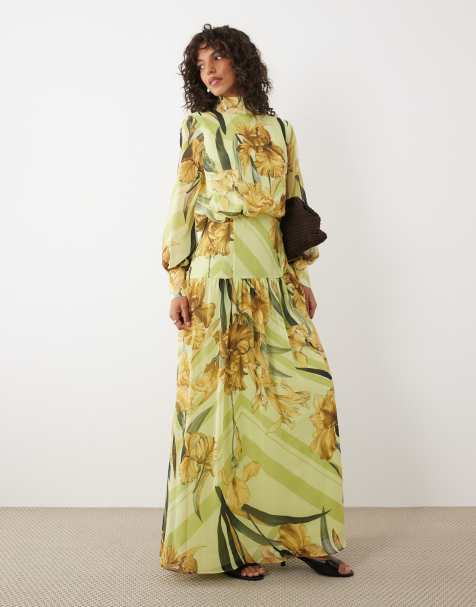 ASOS DESIGN high neck deep cuff maxi dress in yellow floral