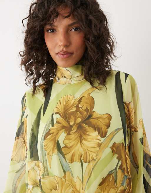ASOS DESIGN high neck deep cuff maxi dress in yellow floral, 3 of 4
