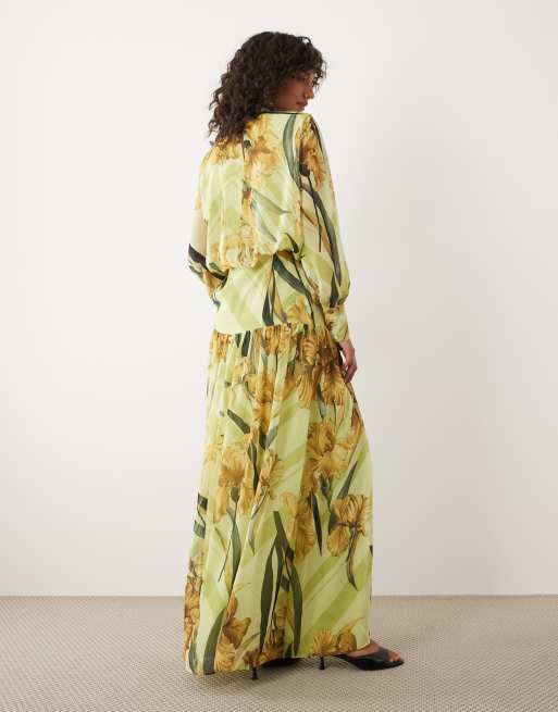 ASOS DESIGN high neck deep cuff maxi dress in yellow floral, 4 of 4
