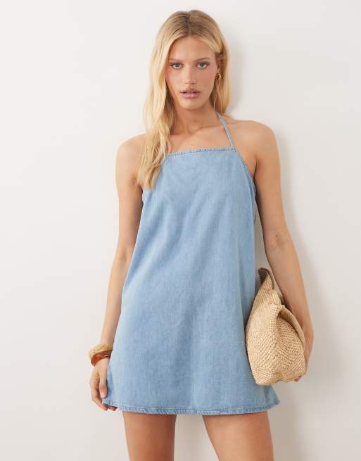 ASOS DESIGN high neck denim shift mini dress in bleach wash | ASOS