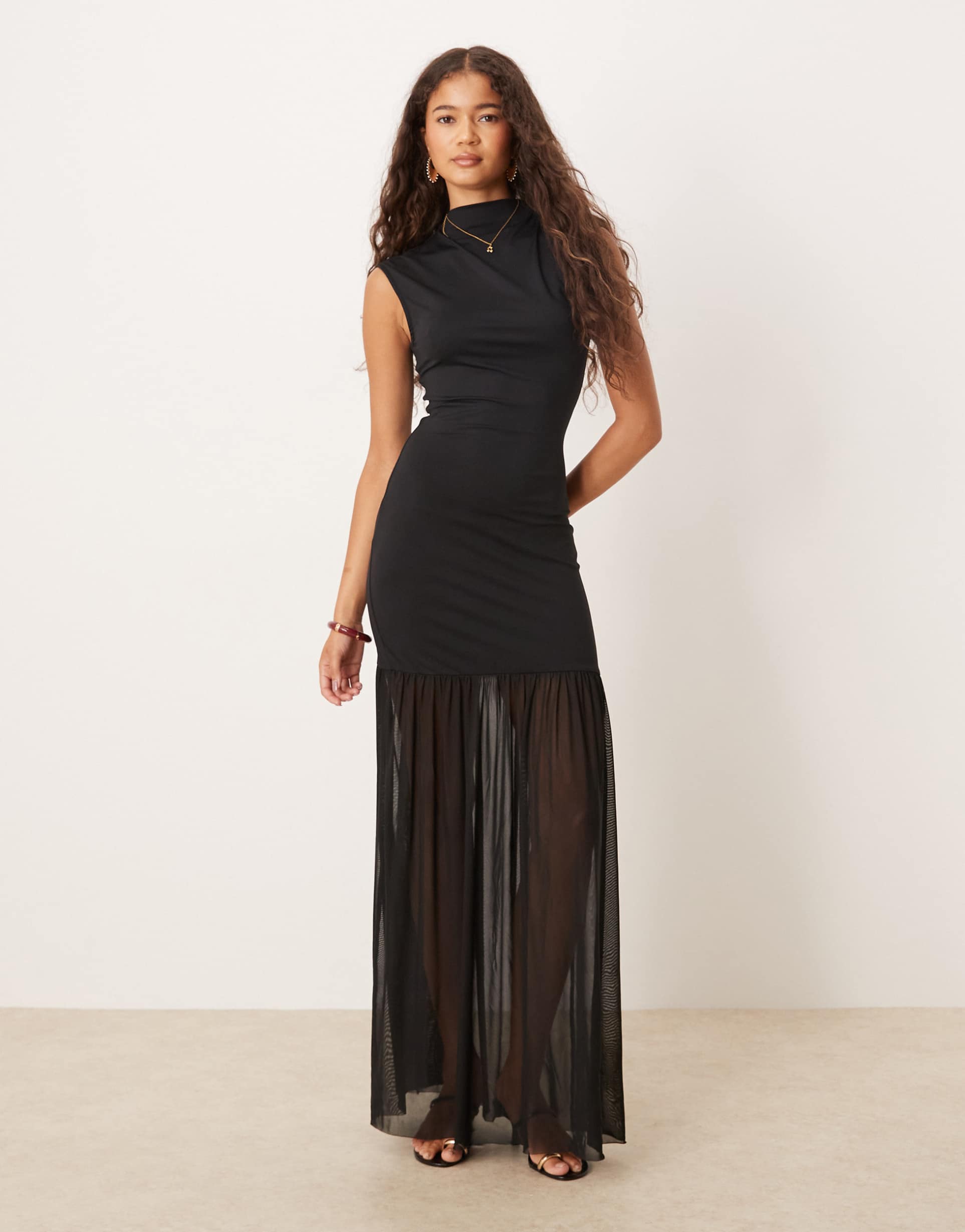 asos design high neck detail maxi dress with mesh skirt in black