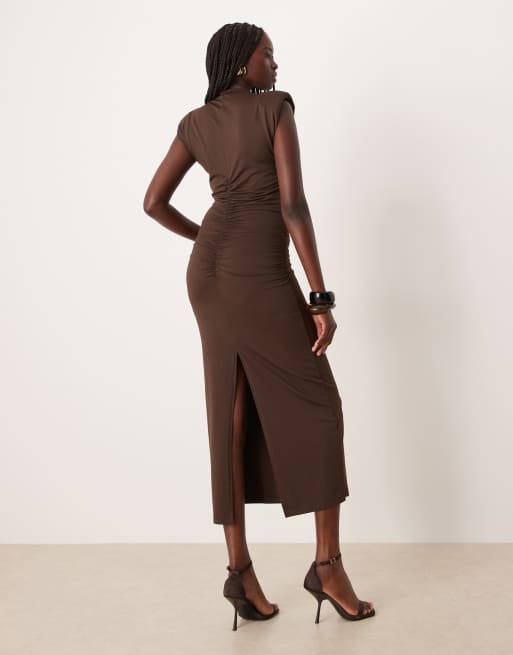 ASOS DESIGN high neck detail maxi dress with shoulder pads in chocolate ...