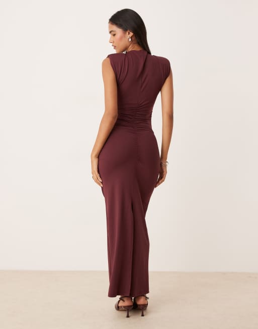 ASOS DESIGN high neck detail maxi dress with shoulder pads in plum